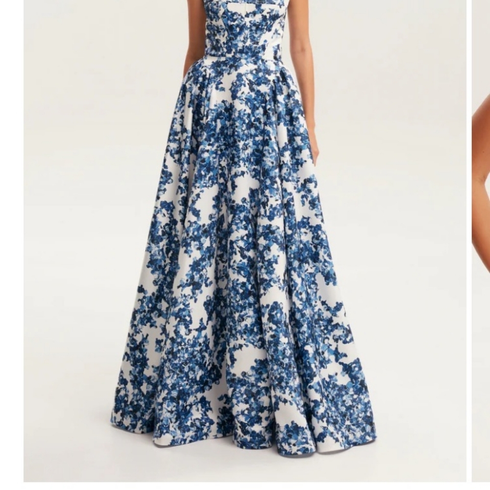 Floral Strapless Dress in Blue and White